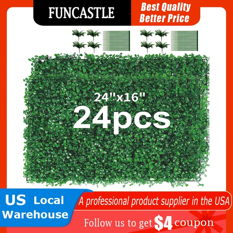24pcs Artificial Boxwood Hedge Wall Panels Greenery Privacy Fence Panel Grass for Indoor Outdoor Home Garden Wedding Decor